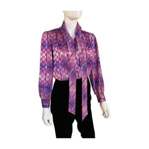 Vintage Purple Plaid Secretary Blouse | Tie Neck | Long Sleeve | Size Small